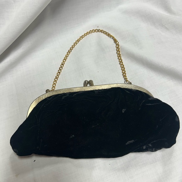 Source Unknown Handbags - Vintage Black Velvet Purse Gold Color Strap 1960s Evening Bag